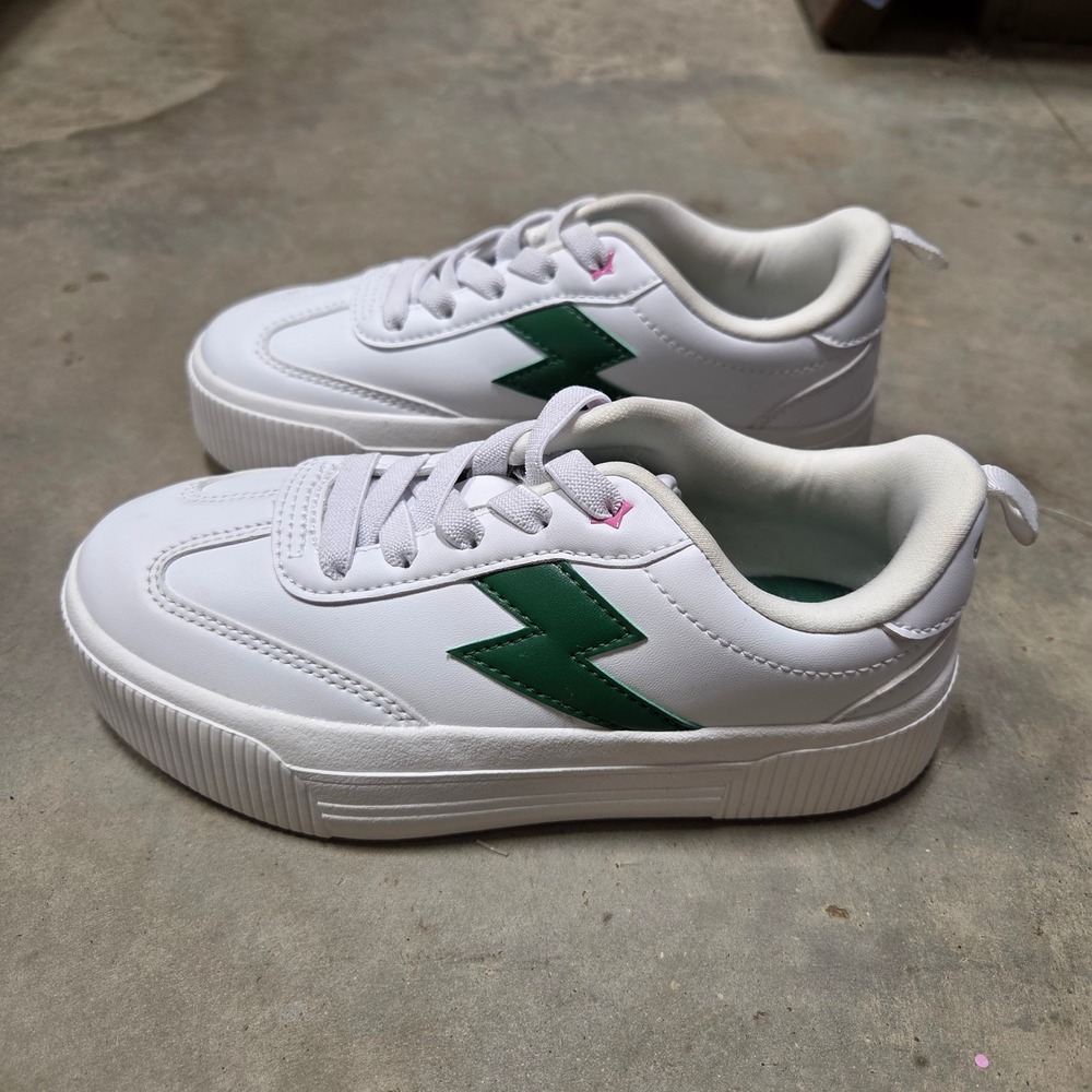 Justice Sport Girls White Green Lightning Bolt Platform Sneakers Size 2